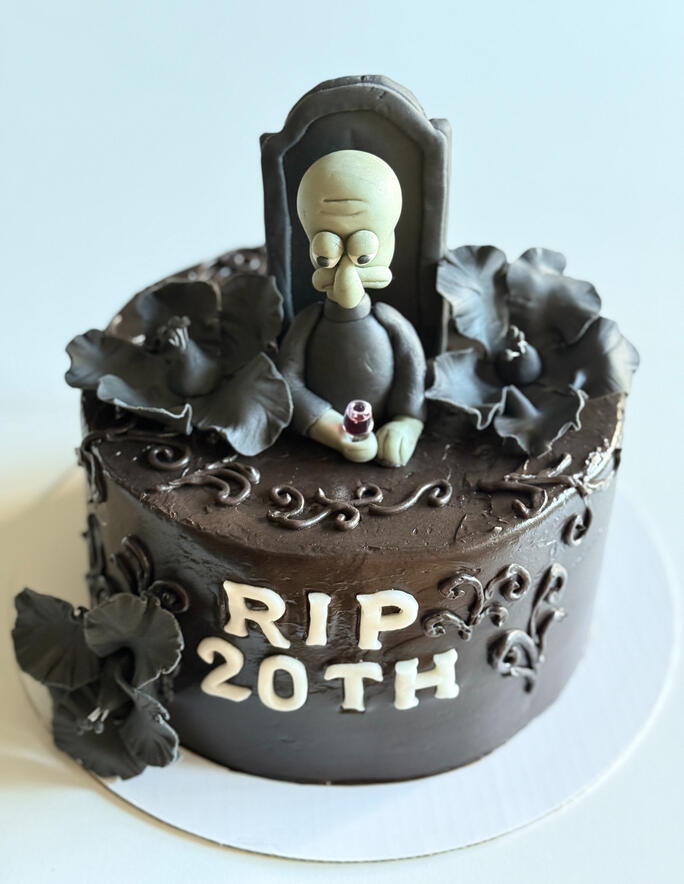 birthday cake for 30th brithday black with spongebob squigward topper RIP 20th