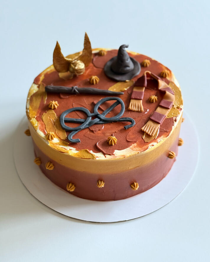 birthday cake with custom harry potter fondant toppers glasses golden snitch sorting hat scarf