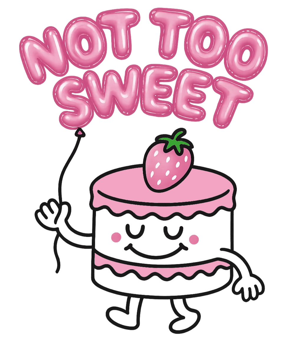 cake character logo with balloons "not too sweet"